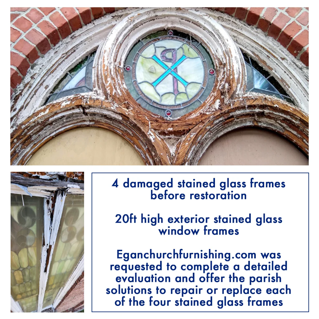 Our Lady of the Assumption Church - Damaged Stained Glass and Window Frames